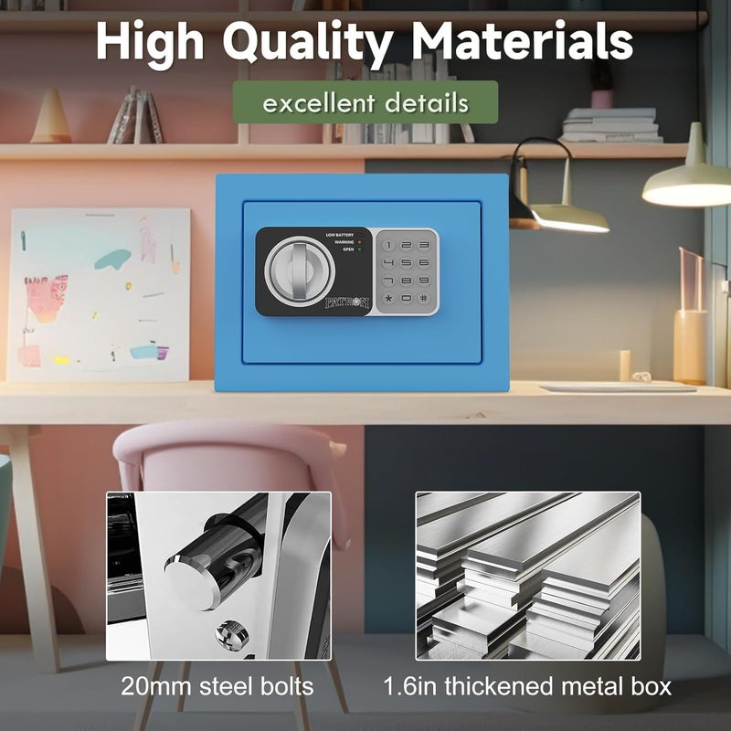 Patron small safe box with key，mini safe for money，small coin safes for home with code，little jewelry lock box for kids，Wall or Cabinet Safe for personal items，0.236 Cubic Feet Blue - Image 5